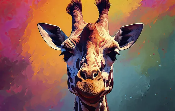 Look, light, portrait, giraffe, painting, face, bright colors, bright background