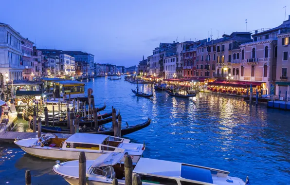 Picture lights, home, boats, the evening, lights, Italy, Venice, boats