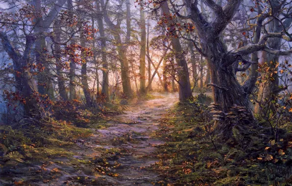 Autumn, forest, trees, figure, trail, picture, art, painting