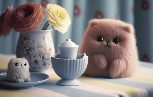Cat, look, flowers, kitty, table, toy, toys, cat