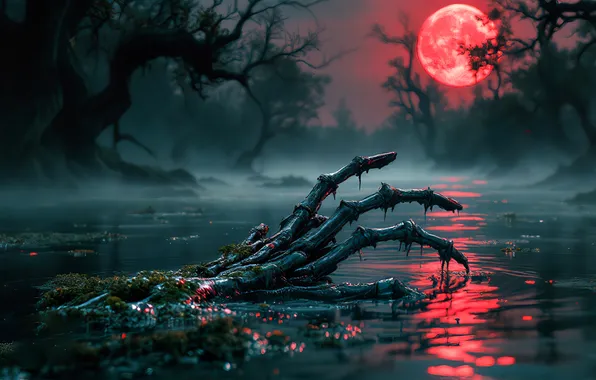 Swamp, bones, poisonous, evaporation, damn place, blood Moon, the fog at night, gnarled trees