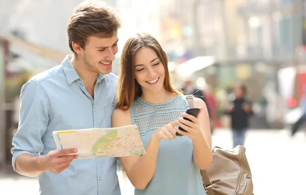 Summer, girl, the city, map, phone, guy, tourists, route