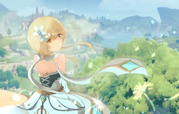 Girl, trees, nature, castle, Genshin Impact, Light