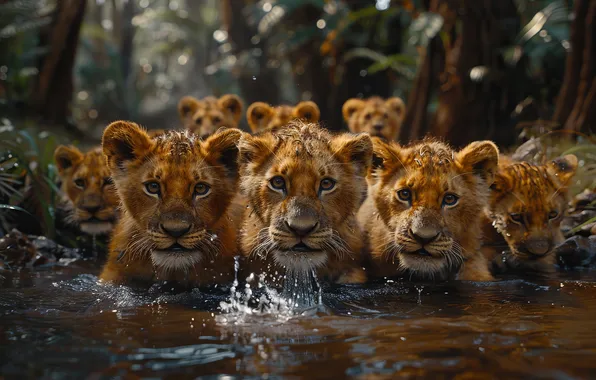 Water, Look, Kittens, River, Digital art, Predators, Lion cub, Cubs