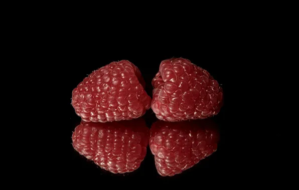 Reflection, berries, raspberry, table, black background, a couple, composition, symmetry