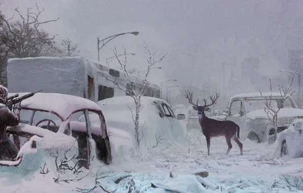 Snow, people, deer, highway, rifle, postapokalipsis