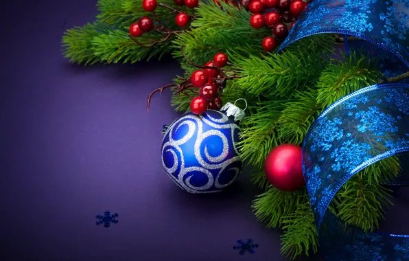 Tape, Balls, Christmas, New year, Decoration, blue background, Fir-tree branches, branches of berries