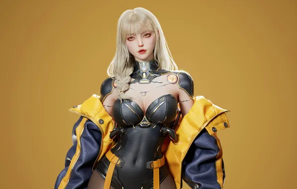 Cleavage, Asian, long hair, cyberpunk, women, blonde, standing, CGI