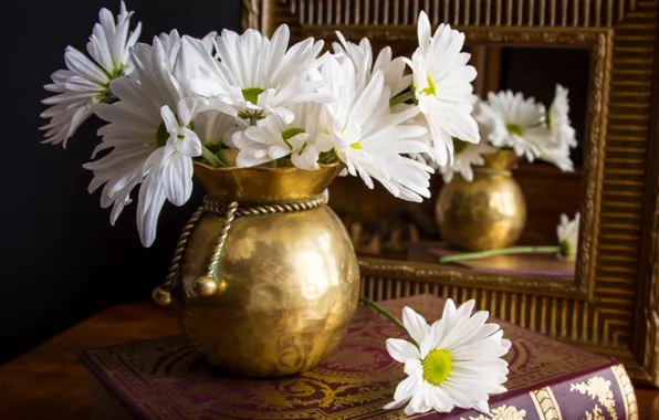Flowers, reflection, the dark background, table, chamomile, bouquet, frame, mirror