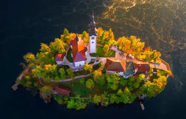 Trees, landscape, nature, lake, home, Church, island, Slovenia