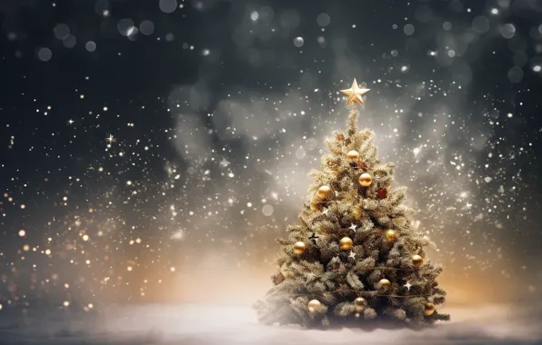 Winter, snow, decoration, lights, balls, tree, New Year, Christmas