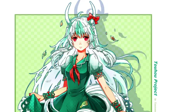 Horns, red eyes, touhou, art, green dress, Touhou Project, Project East, long white hair