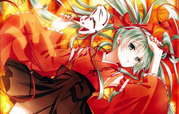 Picture mask, lies, kimono, vocaloid, hatsune miku, long hair, red thread, art Tsujiori