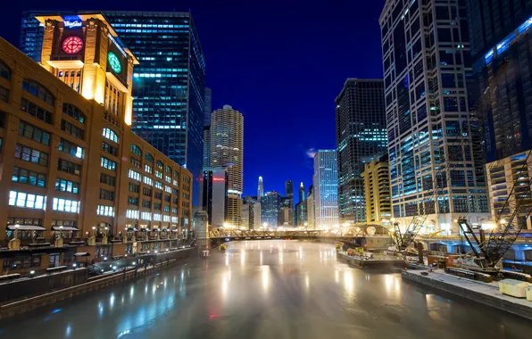 Night, lights, skyscrapers, Chicago, ice, USA, Chicago, megapolis