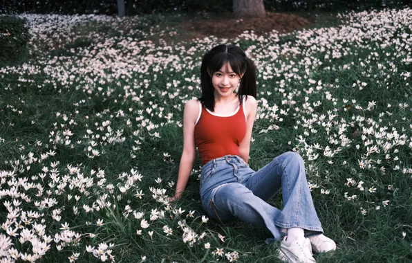 Grass, Beautiful, Asian, Model, Flowers, Smile, Lily, Denim
