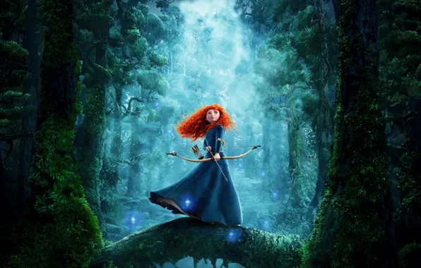 Forest, girl, bow, arrow, red, brave, merida