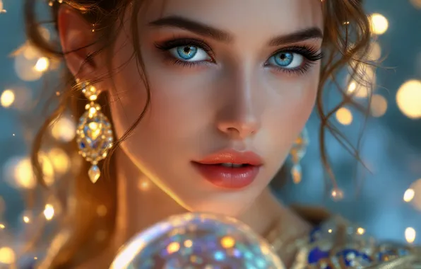 Look, girl, lights, magic, ball, portrait, earrings, fairy