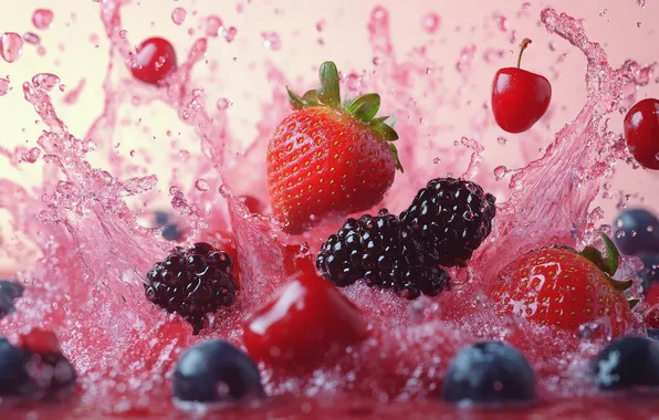 Water, squirt, cherry, berries, splash, blueberries, strawberry, pink background