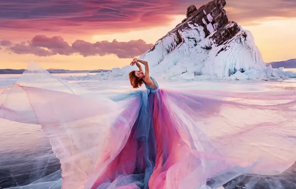 Picture winter, girl, pose, rock, ice, dress, lake Baikal, Kristina Makeeva