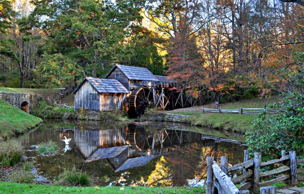 Picture autumn, morning, mill, water, Mabrey