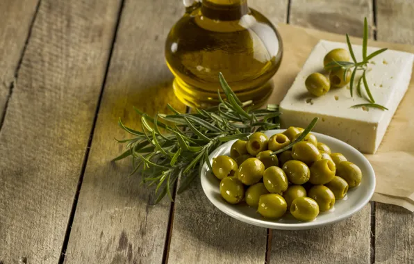 Table, cheese, plate, olives, rosemary, olive oil, wooden table