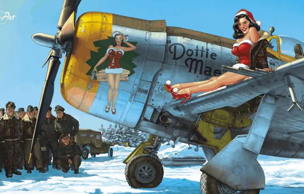Picture girl, snow, New Year, art, the plane, USAF, pin-up, P-47 Thunderbolt