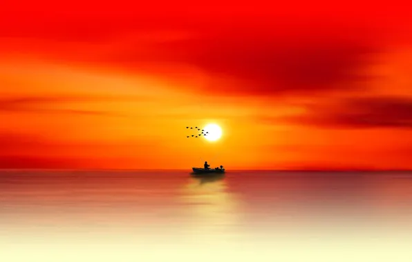 Sunset, birds, boat, fisherman, silhouette, glow