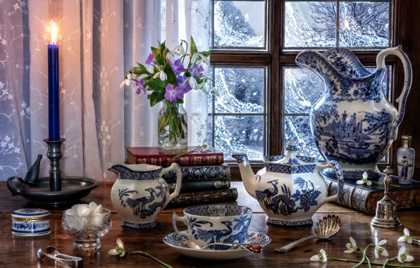 Flowers, style, books, candle, kettle, window, snowdrops, mug