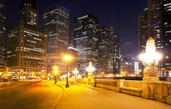 Road, night, lights, street, home, skyscrapers, Chicago, lights