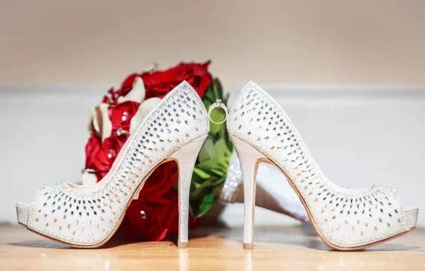 Bouquet, shoes, studs, wedding, ring