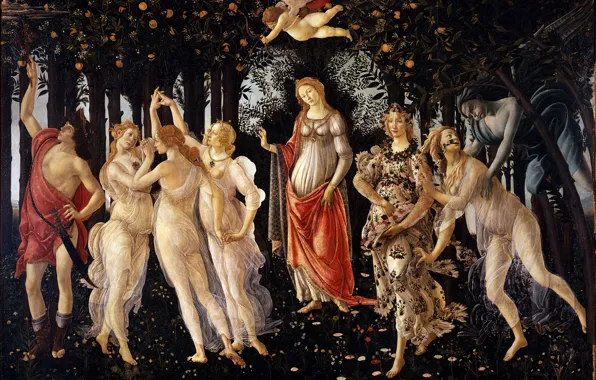 Picture flowers, dance, Spring, Botticelli, Cupid