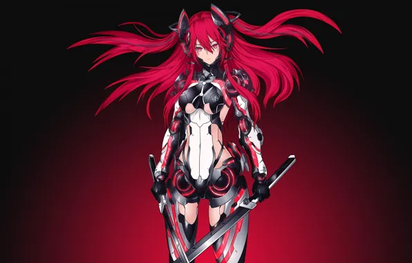 Picture girl, fantasy, armor, red hair, weapon, Warrior, red eyes, digital art