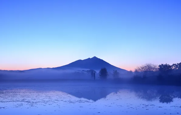 Trees, fog, lake, reflection, mountain, the evening, Japan, haze