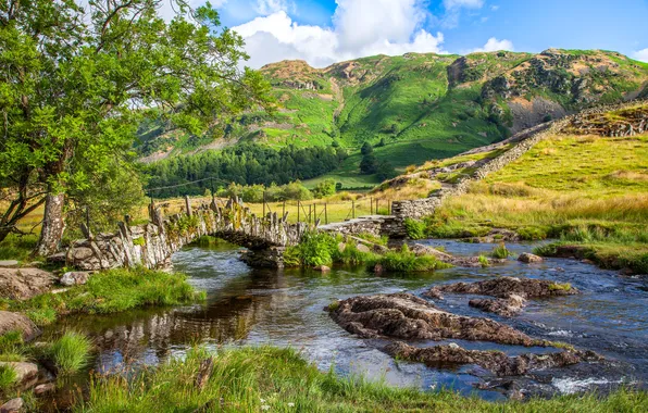 Picture mountains, bridge, river, England, Little Langdale Valley