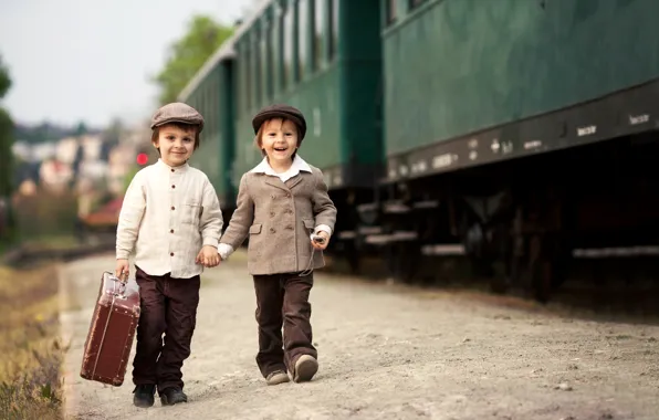 Children, retro, train, cap, suitcase, shirt, friends, boys