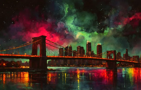 Picture landscape, night, night sky, a city, city landscape, a building, the water, star sky