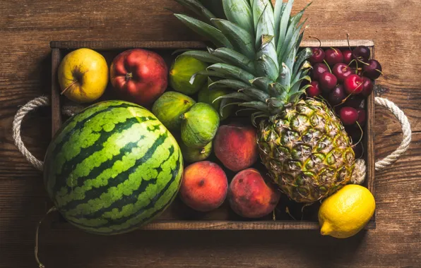Cherry, lemon, apples, watermelon, fruit, pineapple, box, peaches