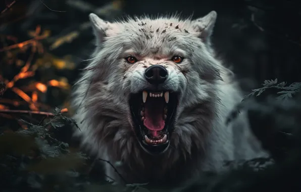 White, face, branches, wolf, grin, evil, Arctic, digital art