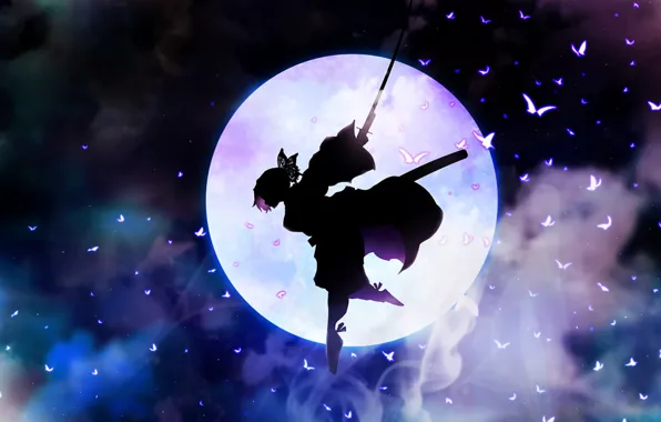 Picture flight, night, the moon, butterfly, anime, silhouette, moth, Demon Slayer