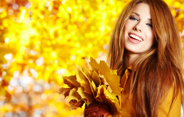 Autumn, leaves, yellow, smile, background, portrait, bouquet, makeup