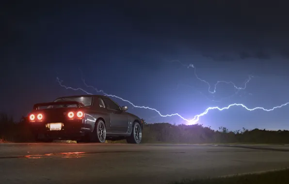 Picture road, the sky, lightning, back, Nissan, GT-R, R32