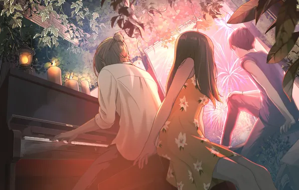 Girl, candles, fireworks, guys, piano, greenhouse
