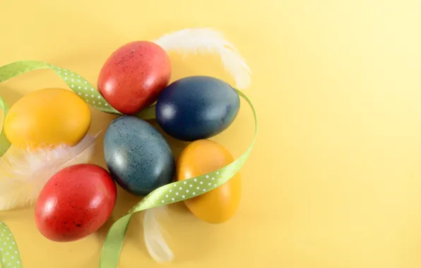 Holiday, eggs, spring, feathers, Easter, colorful, yellow background, braid