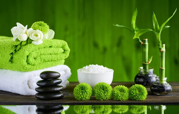 Picture flowers, stones, bamboo, relax, towels, spa, bath salt