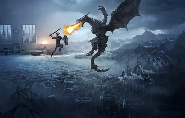 Picture mountains, flame, dragon, fight, Skyrim