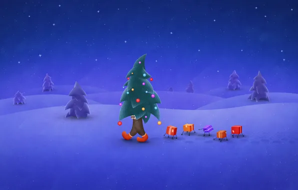 Winter, snow, night, holiday, tree, gifts