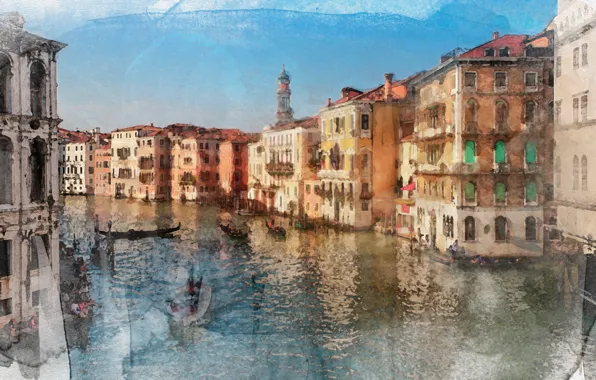 Water, paint, boats, Venice, painting, gondola, Watercolor