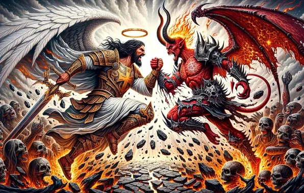 Picture demon, fighting, Archangel, the dead, fiery hell