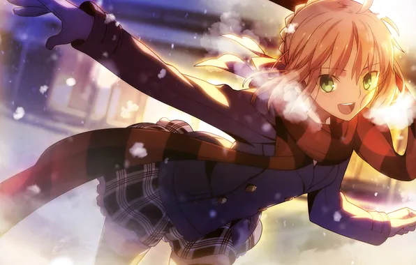 Picture cold, winter, girl, emotions, art, saber, fate/stay night, takeuchi takashi