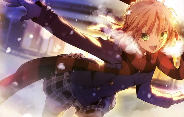 Cold, winter, girl, emotions, art, saber, fate/stay night, takeuchi takashi